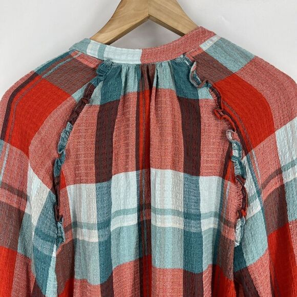 Anthropologie Pilcro Blouse Size Small Orange Red Blue Breezy Plaid Button Up - Picture 6 of 9